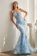 CD CB099 - Strapless Butterfly Print Mermaid Prom Gown with Sheer Boned Bodice PROM GOWN Cinderella Divine 2 BLUE 