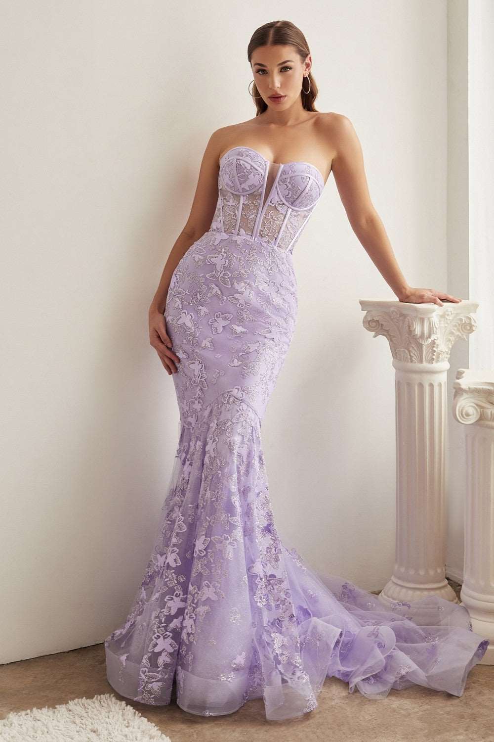 CD CB099 - Strapless Butterfly Print Mermaid Prom Gown with Sheer Boned Bodice PROM GOWN Cinderella Divine 2 LAVENDER 