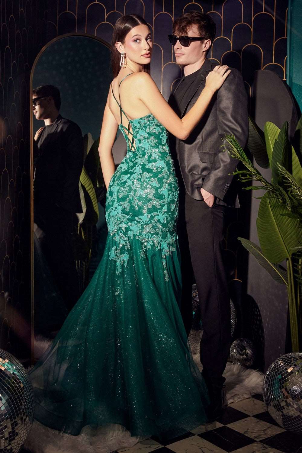 CD CB112 - Butterfly Print Mermaid Prom Gown with V-Neck & Layered Tulle Skirt PROM GOWN Cinderella Divine 4 EMERALD 