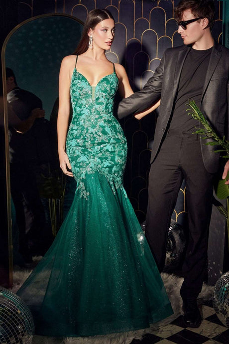 CD CB112 - Butterfly Print Mermaid Prom Gown with V-Neck & Layered Tulle Skirt PROM GOWN Cinderella Divine   