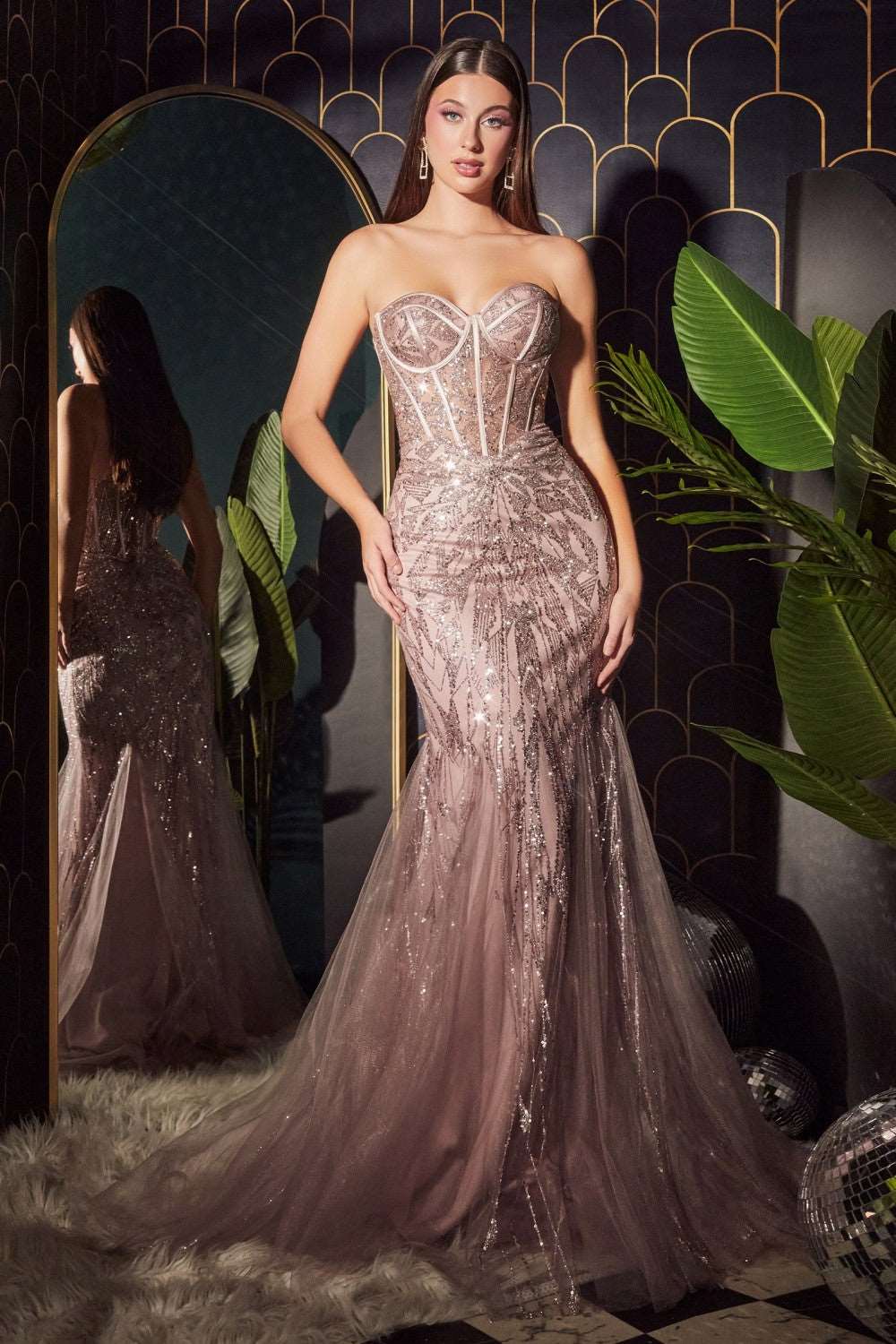 CD CB116 - Strapless Glitter Print Fit & Flare Prom Gown with Sheer Boned Bodice PROM GOWN Cinderella Divine 4 ROSE GOLD 