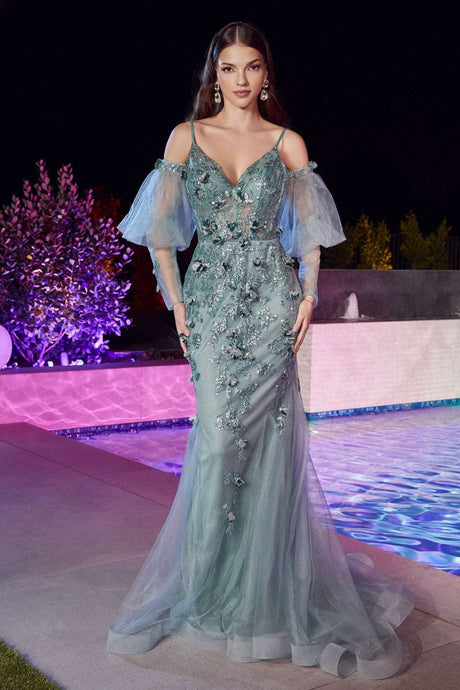 CD CB121 - 3D Floral Embellished Fit & Flare Prom Gown with Sheer Boned Bodice & Puff Sleeves PROM GOWN Cinderella Divine   