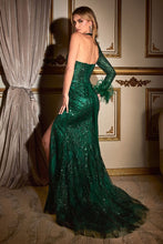 CD CB131 - One Sleeve Feather Accented Fit & Flare Formal Gown with Glitter Pattern Leg Slit & Lace Up Back PROM GOWN Cinderella Divine 6 EMERALD 