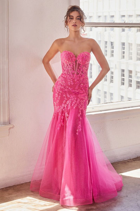CD CB139 - Strapless Bead Embellished Fit & Flare Prom Gown with Sheer Boned Bodice & Layered Shimmering Tulle Skirt PROM GOWN Cinderella Divine 4 HOT PINK