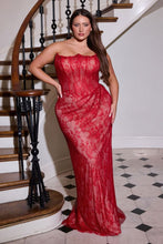 CD CB162C - Plus Size Fully Beaded Lace Fit & Flare Prom Gown with Strapless Scoop Neck Corset Bodice & Open Lace Up Back PROM GOWN Cinderella Divine 18 Red/Nude