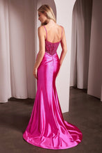 CD CC0238 - Stretch Satin Fit & Flare Prom Gown with Pearl Embellished Plunging V-Neck Bodice & Leg Slit