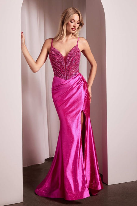 CD CC0238 - Stretch Satin Fit & Flare Prom Gown with Pearl Embellished Plunging V-Neck Bodice & Leg Slit PROM GOWN Cinderella Divine 0 Fuchsia