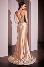 CD CC0238 - Stretch Satin Fit & Flare Prom Gown with Pearl Embellished Plunging V-Neck Bodice & Leg Slit