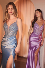 CD CC0238 - Stretch Satin Fit & Flare Prom Gown with Pearl Embellished Plunging V-Neck Bodice & Leg Slit PROM GOWN Cinderella Divine 0 light blue