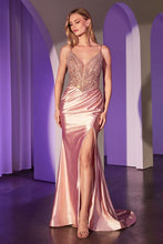 CD CC0238 - Stretch Satin Fit & Flare Prom Gown with Pearl Embellished Plunging V-Neck Bodice & Leg Slit PROM GOWN Cinderella Divine 0 Rose gold