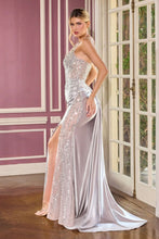 CD CC0329 - Stretch Satin Fit & Flare Prom Gown with Sheer Crystal Embellished Corset Bodice & Sheer Trimmed Leg Slit PROM GOWN Cinderella Divine