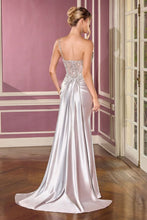 CD CC0329 - Stretch Satin Fit & Flare Prom Gown with Sheer Crystal Embellished Corset Bodice & Sheer Trimmed Leg Slit PROM GOWN Cinderella Divine