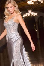 CD CC0329 - Stretch Satin Fit & Flare Prom Gown with Sheer Crystal Embellished Corset Bodice & Sheer Trimmed Leg Slit PROM GOWN Cinderella Divine