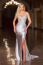 CD CC0329 - Stretch Satin Fit & Flare Prom Gown with Sheer Crystal Embellished Corset Bodice & Sheer Trimmed Leg Slit PROM GOWN Cinderella Divine