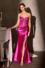 CD CC0447 - Strapless Satin Fit & Flare Prom Gown with Sheer Crystal Embellished Corset Bodice & Leg Slit PROM GOWN Cinderella Divine