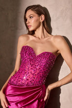 CD CC0447 - Strapless Satin Fit & Flare Prom Gown with Sheer Crystal Embellished Corset Bodice & Leg Slit PROM GOWN Cinderella Divine