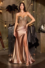 CD CC0447 - Strapless Satin Fit & Flare Prom Gown with Sheer Crystal Embellished Corset Bodice & Leg Slit PROM GOWN Cinderella Divine 0 Mocha Gold
