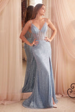 CD CC2167 - Glitter Flocked Fit & Flare Prom Gown with Sheer Corset Bodice Low Open V-Back & Leg Slit PROM GOWN Cinderella Divine   