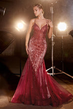 CD CC2253 - Glitter Embellished Mermaid Prom Gown with Sheer Plunging V-Neck Bodice & Open Lace Up corset Back PROM GOWN Cinderella Divine 2 DEEP RED 