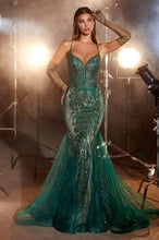 CD CC2253 - Glitter Embellished Mermaid Prom Gown with Sheer Plunging V-Neck Bodice & Open Lace Up corset Back PROM GOWN Cinderella Divine 2 EMERALD 