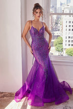 CD CC2253 - Glitter Embellished Mermaid Prom Gown with Sheer Plunging V-Neck Bodice & Open Lace Up corset Back PROM GOWN Cinderella Divine 2 NOVA PURPLE 