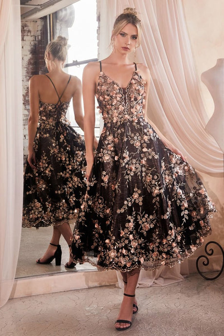 CD CC2261 - Glitter Printed Tea Length Formal Gown with Dimensional Floral Applique & Scalloped Edge Plunging V-Neck Bodice & Lace Up Corset Back DRESSES Cinderella Divine 2 BLACK 