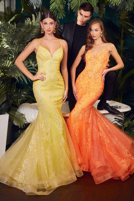 CD CC2279 - Glitter Print Tulle Mermaid Style Prom Gown with V-Neck & Lace Up Corset Back PROM GOWN Cinderella Divine 2 YELLOW 