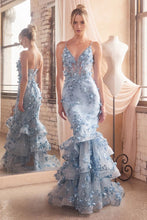 CD CC2288 - Dimensional Floral Applique Mermaid Prom Gown with sheer Boned V-Neck Corset Bodice Open Lac Up Corset Back & Layered Ruffle Skirt PROM GOWN Cinderella Divine 2 BLUE 
