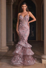 CD CC2288 - Dimensional Floral Applique Mermaid Prom Gown with sheer Boned V-Neck Corset Bodice Open Lac Up Corset Back & Layered Ruffle Skirt PROM GOWN Cinderella Divine 2 MAUVE 