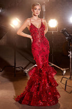 CD CC2288 - Dimensional Floral Applique Mermaid Prom Gown with sheer Boned V-Neck Corset Bodice Open Lac Up Corset Back & Layered Ruffle Skirt PROM GOWN Cinderella Divine 2 RED 