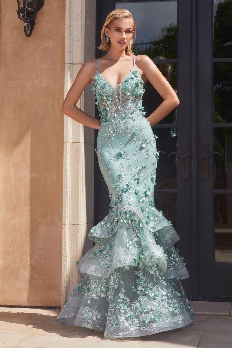 CD CC2288 - Dimensional Floral Applique Mermaid Prom Gown with sheer Boned V-Neck Corset Bodice Open Lac Up Corset Back & Layered Ruffle Skirt PROM GOWN Cinderella Divine 2 SAGE 