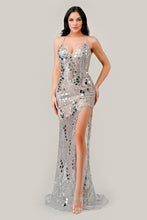 CD CC2292 - Iridescent Sequin Fit & Flare Prom Gown with Sheer Skirt & Leg Slit PROM GOWN Cinderella Divine 4 SILVER/NUDE 