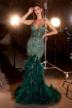 CD CC2308 - Intricately Beaded Mermaid Prom Gown with Sheer Boned Corset Bodice Lace Up Corset Back & Feather Detailed Skirt PROM GOWN Cinderella Divine 2 EMERALD 