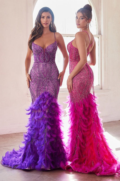 CD CC2308 - Intricately Beaded Mermaid Prom Gown with Sheer Boned Corset Bodice Lace Up Corset Back & Feather Detailed Skirt PROM GOWN Cinderella Divine 6 NOVA PURPLE