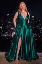 CD CC2349C - Plus Size Stretch Satin A-Line Prom Gown with V-Neck & Leg Slit PROM GOWN Cinderella Divine 18 EMERALD 