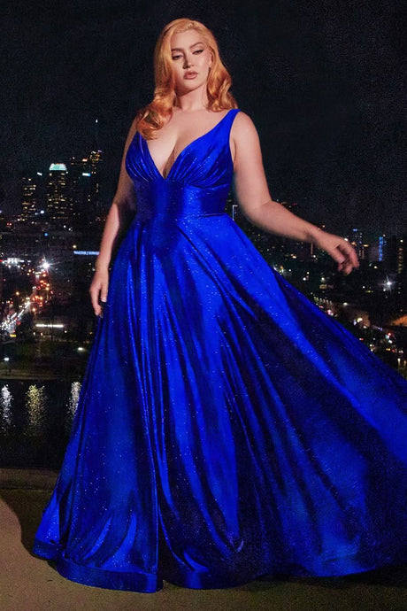 CD CC2349C - Plus Size Stretch Satin A-Line Prom Gown with V-Neck & Leg Slit PROM GOWN Cinderella Divine 18 ROYAL BLUE 
