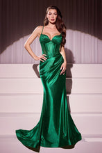 CD CC2397 - Stretch Glitter Satin Fit & Flare Prom Gown with Structured Bodice Sheer Side Cutouts & Corset Back PROM GOWN Cinderella Divine Emerald 0