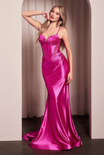 CD CC2397 - Stretch Glitter Satin Fit & Flare Prom Gown with Structured Bodice Sheer Side Cutouts & Corset Back PROM GOWN CINDERELLA DIVINE Fuchsia 0