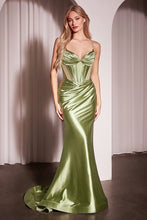 CD CC2397 - Stretch Glitter Satin Fit & Flare Prom Gown with Structured Bodice Sheer Side Cutouts & Corset Back PROM GOWN Cinderella Divine Greenery 0