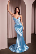 CD CC2397 - Stretch Glitter Satin Fit & Flare Prom Gown with Structured Bodice Sheer Side Cutouts & Corset Back PROM GOWN Cinderella Divine light blue 0