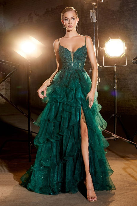 CD CC2998 - Tiered Ruffle Ball Gown with Sheer Lace Bodice & Leg Slit PROM GOWN Cinderella Divine   