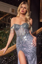 CD CC324 - Fringed Off the Shoulder Beaded Fit & Flare Prom gown with Sheer Beaded Bodice & Leg Slit PROM GOWN Cinderella Divine