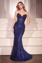 CD CC398 - Strapless Full Asymmetrical Beaded Fit & Flare Prom Gown with Sheer Bodice & Open Lace Up Back PROM GOWN Cinderella Divine 0 Navy