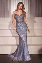 CD CC398 - Strapless Full Asymmetrical Beaded Fit & Flare Prom Gown with Sheer Bodice & Open Lace Up Back PROM GOWN Cinderella Divine 0 Smoky Blue