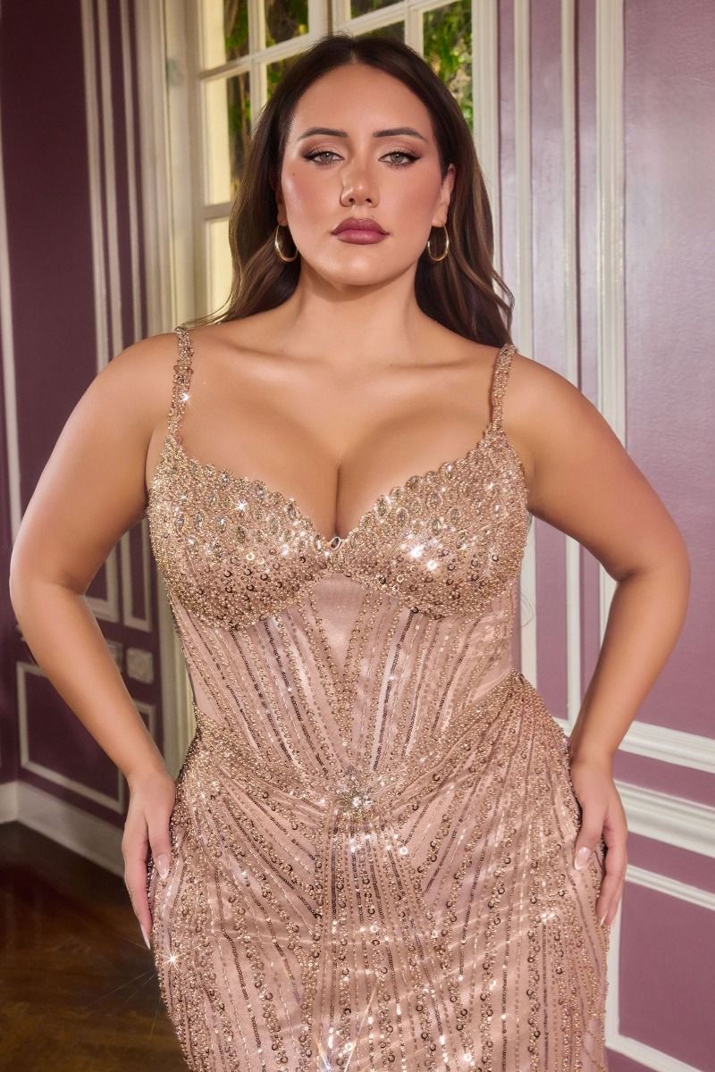 CD CC398C - Plus Size Strapless Full Asymmetrical Beaded Fit & Flare Prom Gown with Sheer Bodice & Open Lace Up Back - Diggz Formals