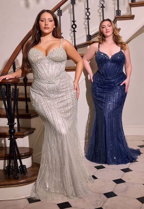 CD CC398C - Plus Size Strapless Full Asymmetrical Beaded Fit & Flare Prom Gown with Sheer Bodice & Open Lace Up Back