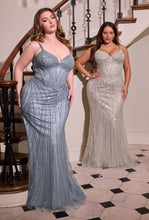 CD CC398C - Plus Size Strapless Full Asymmetrical Beaded Fit & Flare Prom Gown with Sheer Bodice & Open Lace Up Back - Diggz Formals