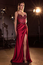 CD CC408 - Glitter Stretch Satin Fit & Flare Prom Gown with Bead Embellished Structured Corset Bodice & Leg Slit PROM GOWN Cinderella Divine 0 Burgundy