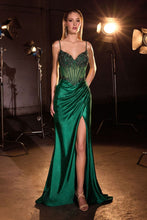 CD CC408 - Glitter Stretch Satin Fit & Flare Prom Gown with Bead Embellished Structured Corset Bodice & Leg Slit PROM GOWN Cinderella Divine 0 Emerald