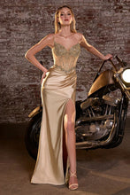 CD CC408 - Glitter Stretch Satin Fit & Flare Prom Gown with Bead Embellished Structured Corset Bodice & Leg Slit PROM GOWN Cinderella Divine 0 Gold